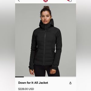 Lululemon Down for It All Black Jacket Size 8